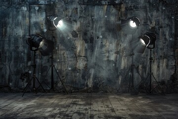 Concrete room with three spotlight lights. Ideal for industrial or minimalist design concepts - obrazy, fototapety, plakaty