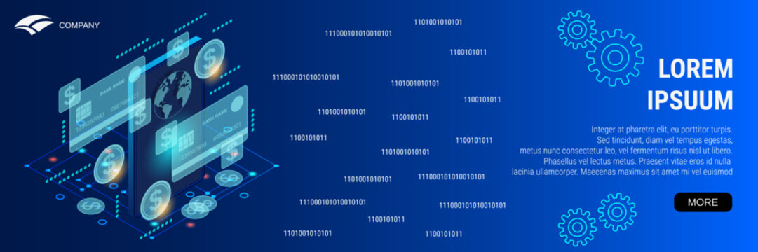 Modern flat design style banner vector template. Mobile banking, money transfer, secure financial transaction 3d isometric concept