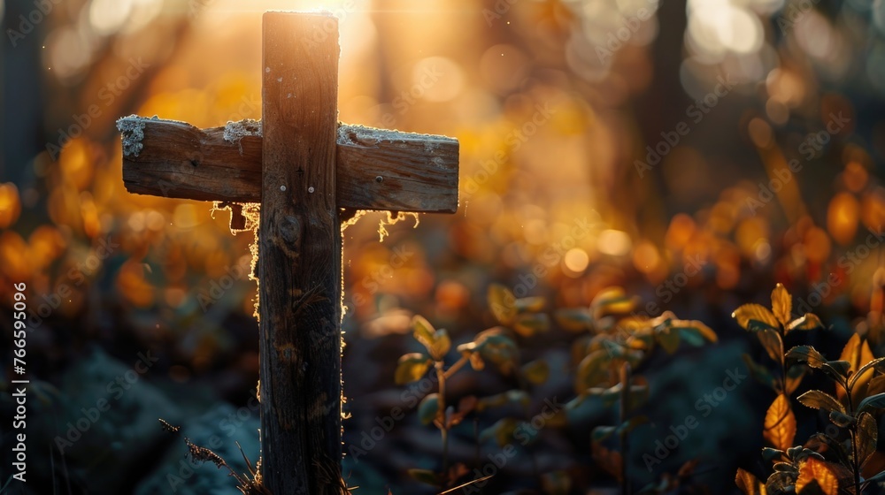 Poster a wooden cross standing in the middle of a forest. ideal for religious or nature-themed projects