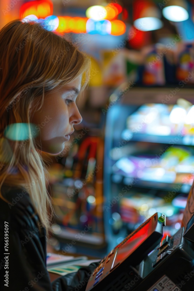 Poster woman playing a game in a game room. suitable for gaming website or blog