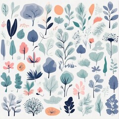 A collection of seamless pattern, colorful abstract plants and flowers. Hand drawn Collection of leaves and flowers. A close up of a pattern of flowers and leaves.
