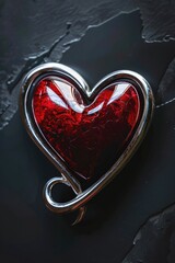 A red heart shaped brooch on a black surface. Ideal for fashion and Valentine's Day concepts - obrazy, fototapety, plakaty