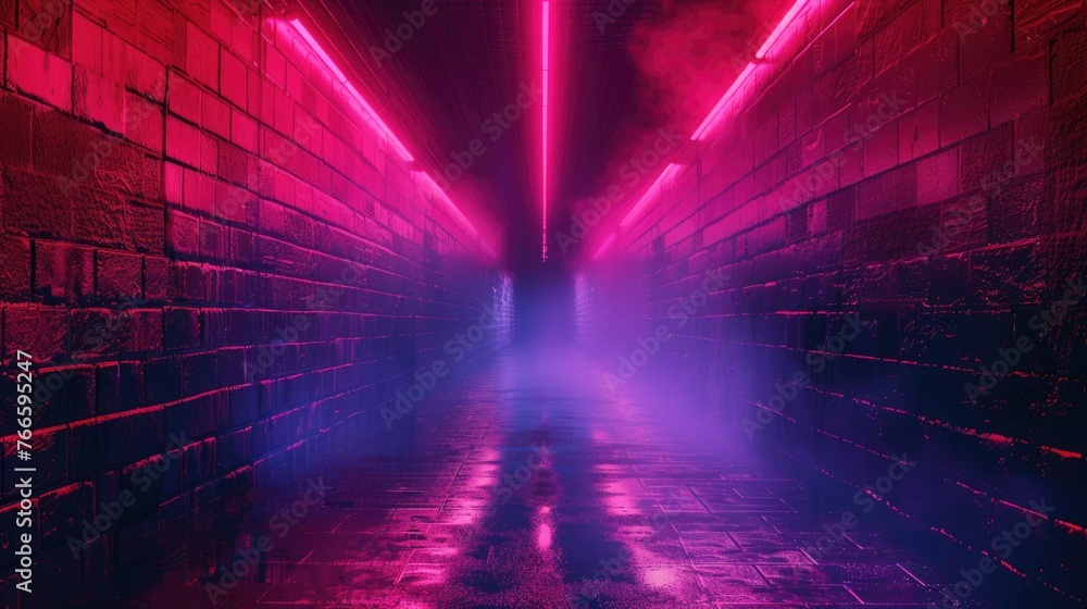 Aufkleber A mysterious long hallway illuminated by red neon lights. Perfect for adding a touch of suspense and intrigue to your projects