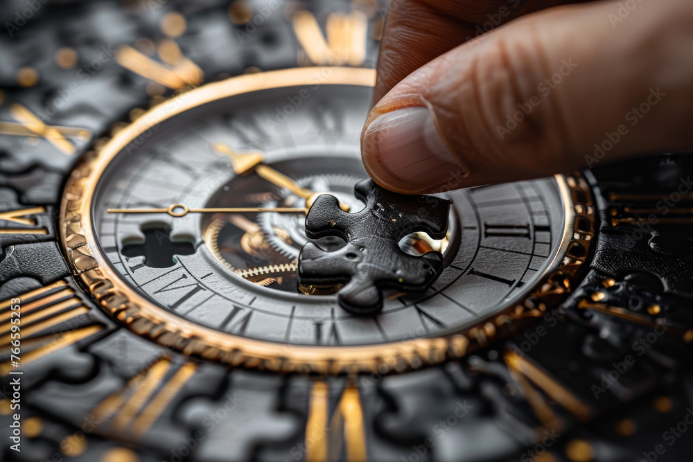 Poster hand reaching for a puzzle piece shaped like a clock, symbolizing the challenge of managing time. co