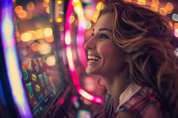 A detailed view of a cheerful woman at a casino, her face full of hope and excitement as she plays at the slot machines.