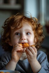 Naklejka premium A young child enjoying a piece of food. Suitable for family and nutrition concepts