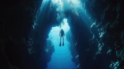 Fototapeta na wymiar Underwater glimpse into the abyss of the Great Blue Hole, Belize, showcasing a diver and ancient formations
