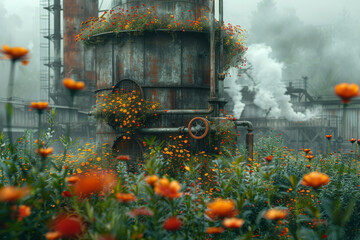 Industrial smokestack with a crank on the side, emitting not smoke but blooming flowers. Concept of...