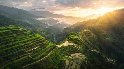 Bird's-eye view of serene Banaue rice terraces at dawn, with tiers bathed in golden morning light