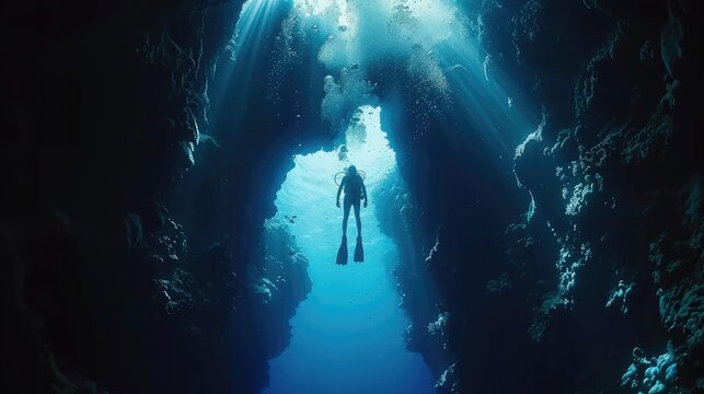 Underwater glimpse into the abyss of the Great Blue Hole, Belize, showcasing a diver and ancient formations