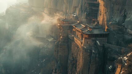 Misty morning reveals Shanxi's cliff-hanging temple, merging architecture with the natural landscape