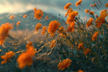 Obraz premium Scenic view of orange flowers field with majestic mountain backdrop. Ideal for nature and landscape concepts