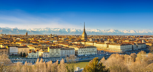 Turin, Italy. View of the city from above with the Dome of the Mole Antonelliana and buildings in...