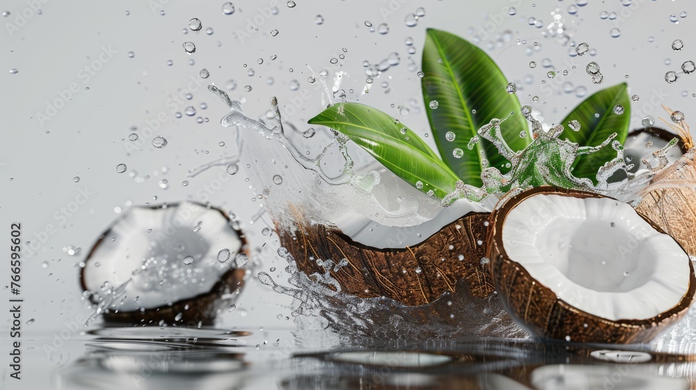 Poster refreshing image of water splashing on a coconut, suitable for tropical concepts
