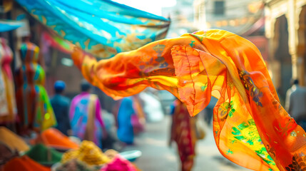 Vibrant sarong fluttering in colorful market street - obrazy, fototapety, plakaty