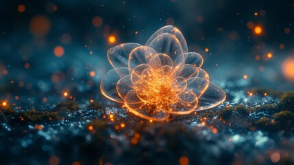 A mystical digital creation of a luminous fractal lotus on a bed of glowing particles, illustrating the intersection of nature and technology