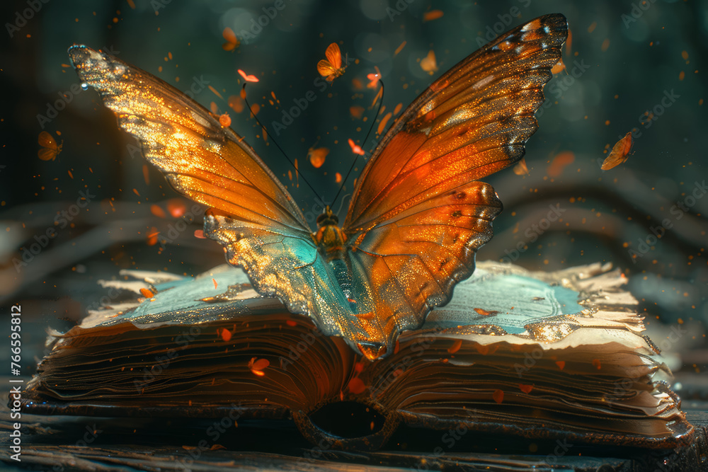 Poster a book transforming into a butterfly upon being opened, representing the beauty of knowledge. concep