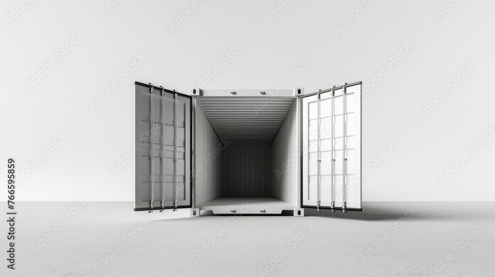 Poster a white container with open doors on a plain surface. suitable for industrial or storage concepts
