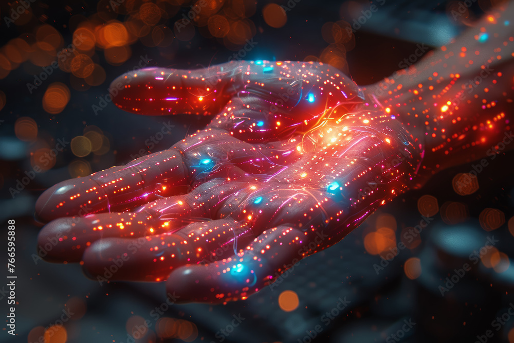 Poster human hand reaching towards a virtual handshake, illustrating the blend of physical and digital inte