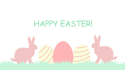 Happy Easter card with easter eggs garland and rabbit. Greetings and presents for Easter Day in flat lay styling. Promotion and shopping template. Vector illustration