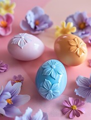 Fototapeta na wymiar 3 bright ceramic multicolored eggs with flowers