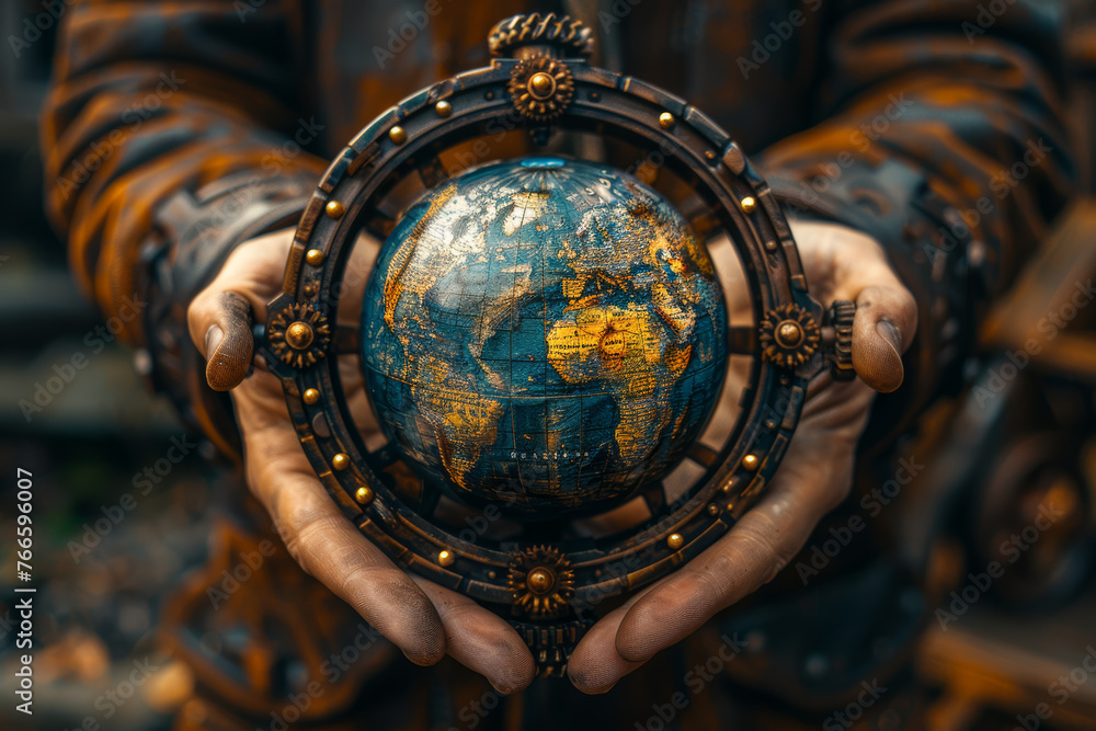 Poster globe held by gears and cogs, illustrating the interconnectedness of technology and global systems. 