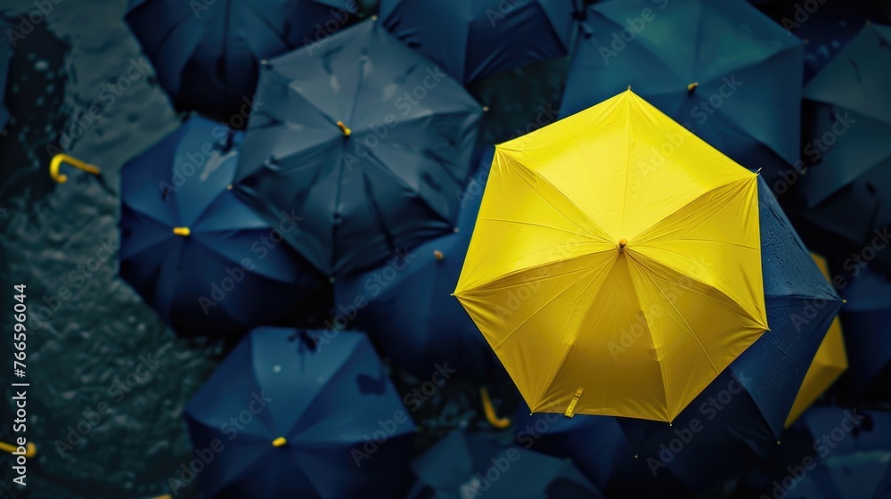 Poster a vibrant group of umbrellas in the rain. perfect for weather or cityscape concepts