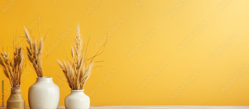 Poster There are two vases on a table, each filled with wheat stalks, creating a simple and rustic decor