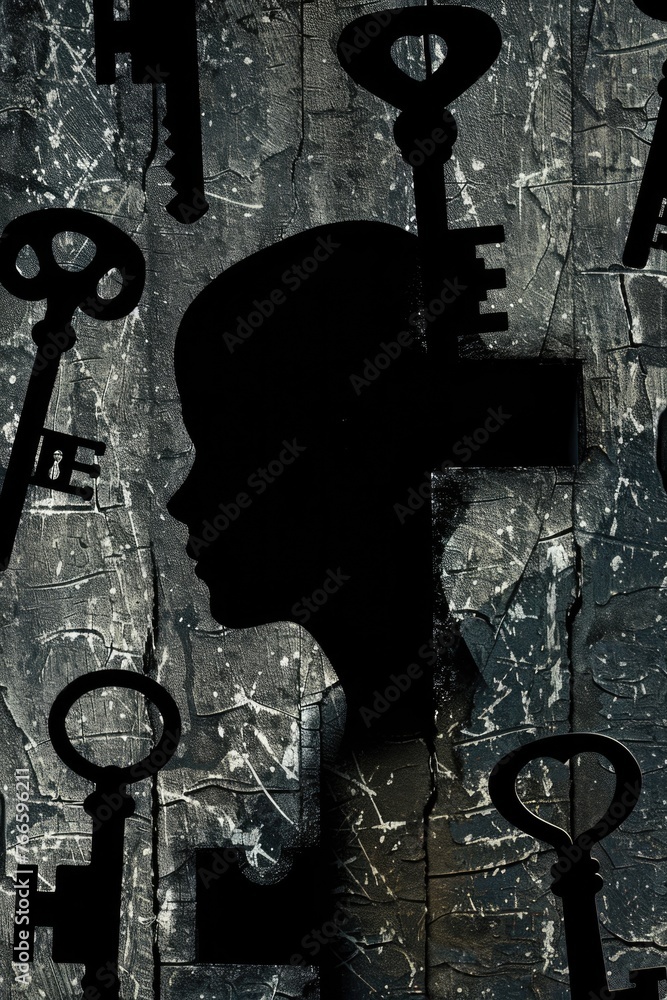 Aufkleber Silhouette of a person surrounded by keys. Perfect for concepts of security and access control