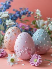 Fototapeta premium Three decorated eggs in pastel colors standing on the table surrounded by flowers