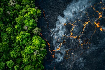 Aerial view of deforestation in a tropical rainforest due to illegal fires highlighting environmental issues. Concept Aerial View, Deforestation, Rainforest, Illegal Fires, Environmental Issues