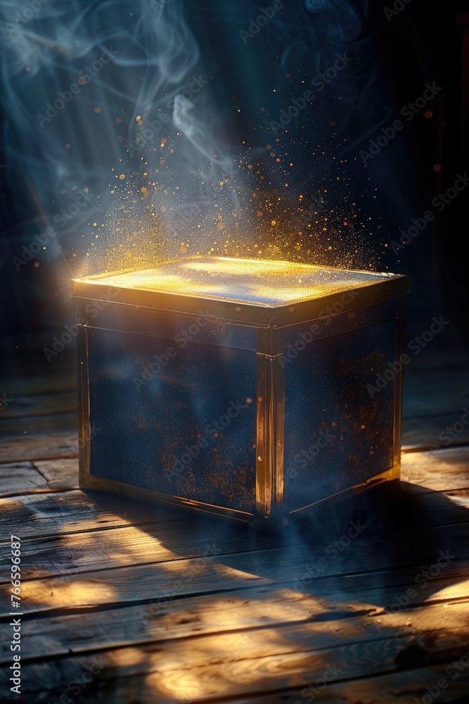 Poster wooden box with glowing light, versatile for various concepts