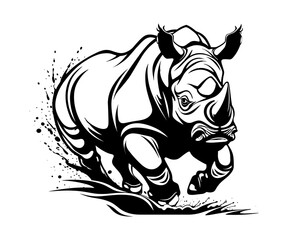 Rhino running fast forward, black vector isolated against white background 