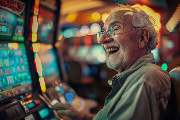 A detailed view of a smiling elderly man at a casino, his face full of hope and excitement as he plays at the slot machines.