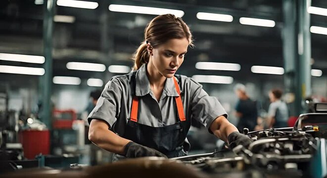 Female mechanic in a car workshop.