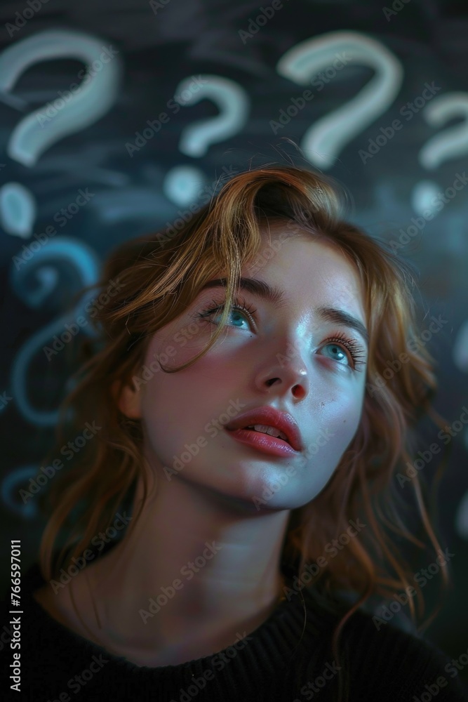 Poster portrait of a woman with a question mark expression. suitable for educational concepts