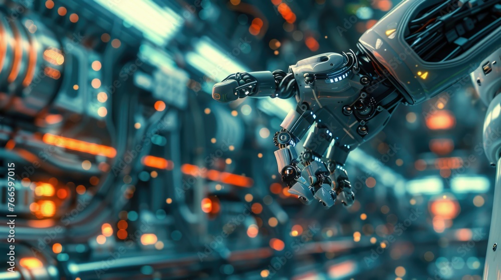 Poster robot's hand reaching out of a machine, suitable for technology concepts