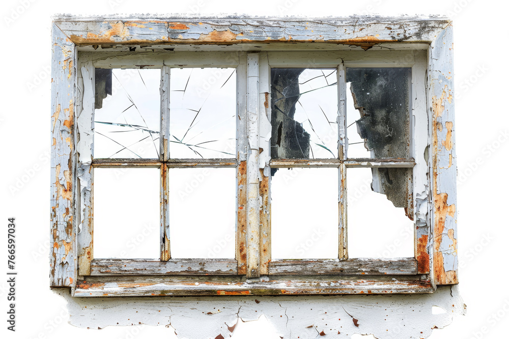 Poster a detailed view of an old window with peeling paint and a broken pane, isolated against a stark whit