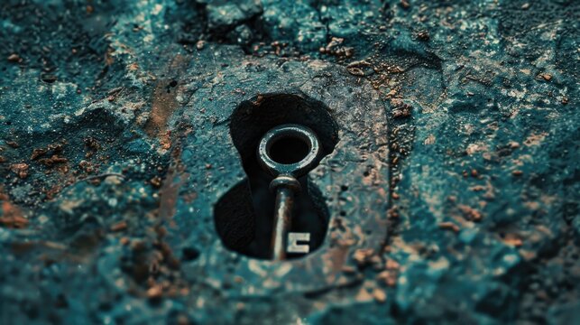 An old key stuck in a hole in a rock. Suitable for historical or mystery themes
