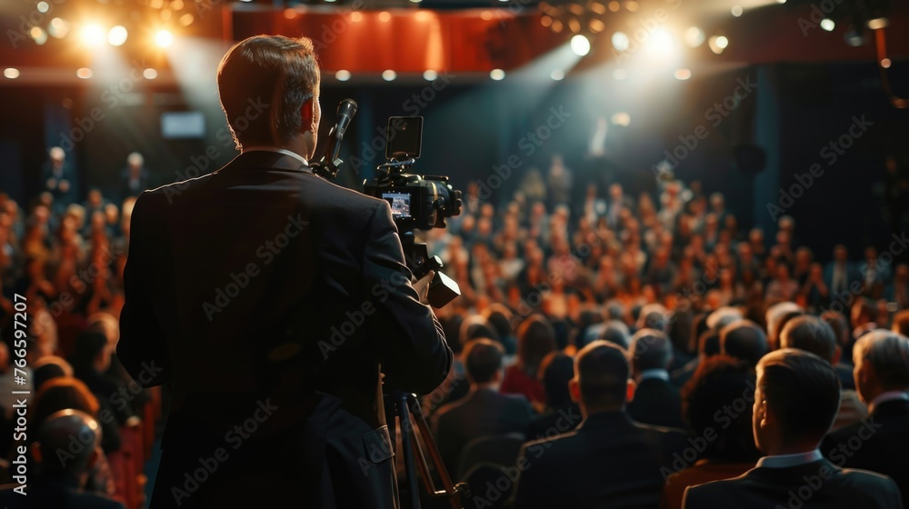 Poster a man holding a camera in front of a crowd. ideal for events and photography concepts