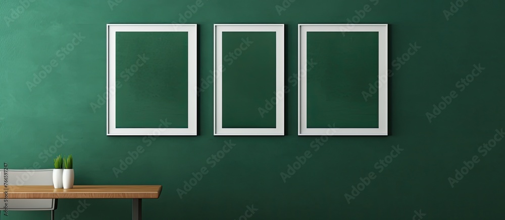 Aufkleber a close-up view of a table adorned with a lush plant and three blank frames waiting to display pictu