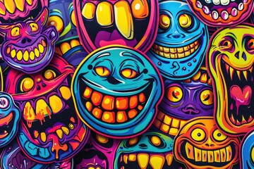 Fototapeta premium Colorful cartoon faces painted on a wall. Great for children's room decor