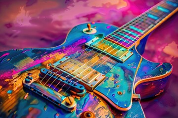 A blue electric guitar resting on a table. Perfect for music-themed designs