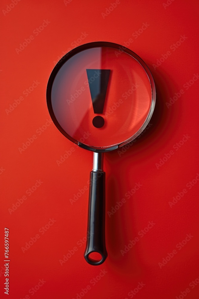 Poster A close-up of a magnifying glass on a vibrant red background. Perfect for various design projects