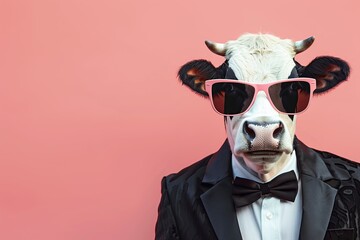 Cute cow in black suit and sunglasses on pink background