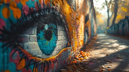 A detailed close-up of a striking blue eye graffiti on a brick wall, enveloped by autumn leaves, symbolizing urban artistry amidst nature