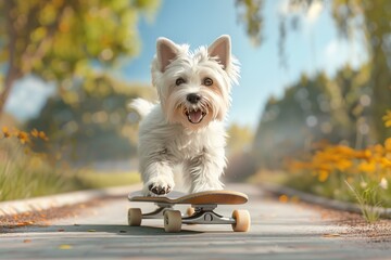 Cute labrador dog riding on skateboard in the summer park