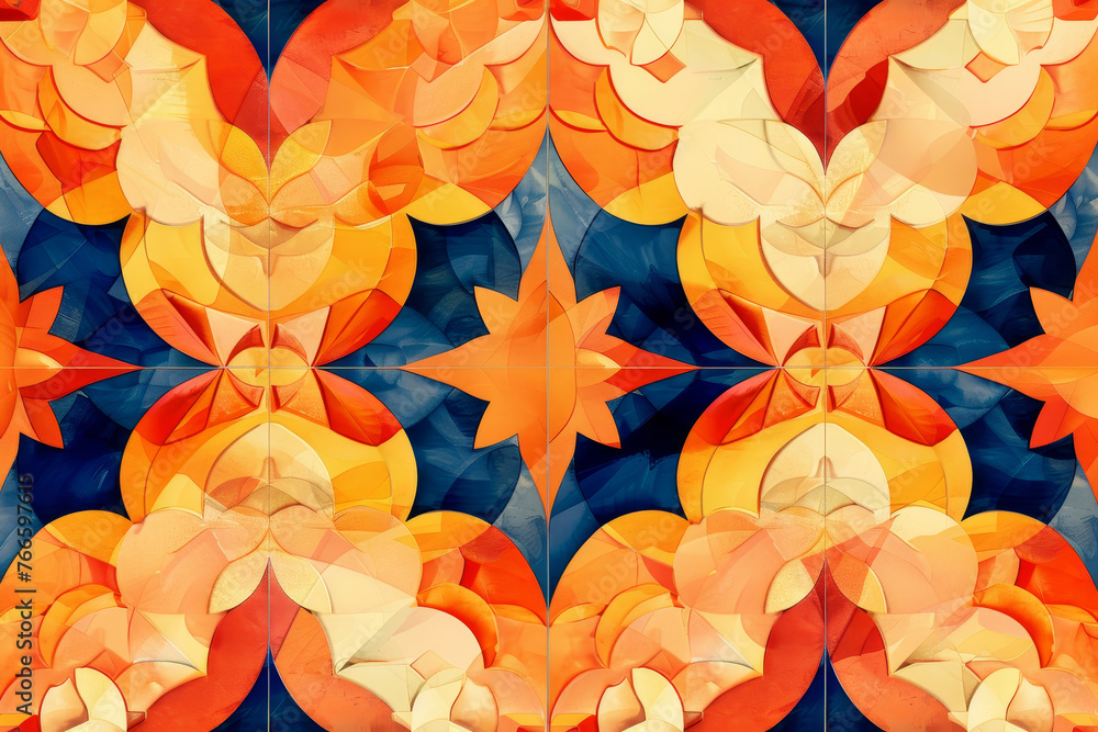 Poster an abstract background inspired by the vibrant colors and intricate patterns of spanish tile work.