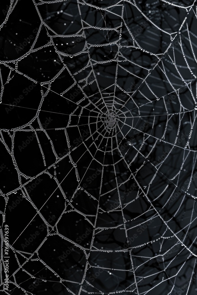 Poster Close-up view of a spider web with water droplets, ideal for nature and macro photography projects