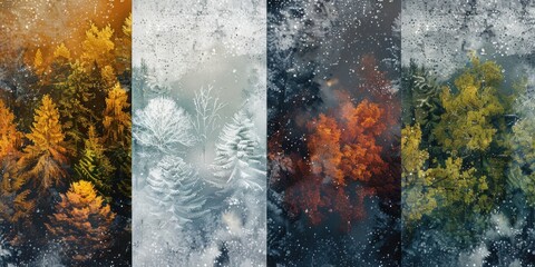 Four images of snow-covered trees, perfect for seasonal designs - obrazy, fototapety, plakaty